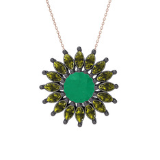Taşlı Papatya Kolye - Kök zümrüt ve peridot 925 ayar siyah rodyum kaplama gümüş kolye (40 cm rose altın rolo zincir) #jfzpj6
