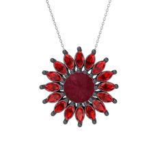 Taşlı Papatya Kolye - Kök yakut ve garnet 925 ayar siyah rodyum kaplama gümüş kolye (40 cm gümüş rolo zincir) #jndk7u