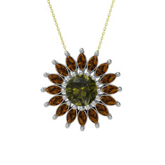 Taşlı Papatya Kolye - Peridot ve dumanlı kuvars 14 ayar beyaz altın kolye (40 cm altın rolo zincir) #joe7e
