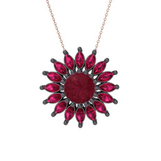 Kök yakut ve rodolit garnet 925 ayar siyah rodyum kaplama gümüş kolye (40 cm gümüş rolo zincir)