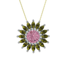 Pembe kuvars ve peridot 8 ayar beyaz altın kolye (40 cm altın rolo zincir)