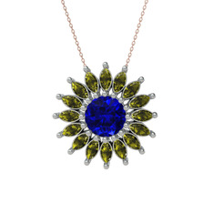 Taşlı Papatya Kolye - Lab safir ve peridot 8 ayar beyaz altın kolye (40 cm rose altın rolo zincir) #jvez0