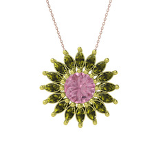Taşlı Papatya Kolye - Pembe kuvars ve peridot 14 ayar altın kolye (40 cm rose altın rolo zincir) #k0alt0