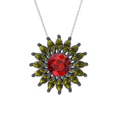 Taşlı Papatya Kolye - Garnet ve peridot 925 ayar siyah rodyum kaplama gümüş kolye (40 cm beyaz altın rolo zincir) #k952o5