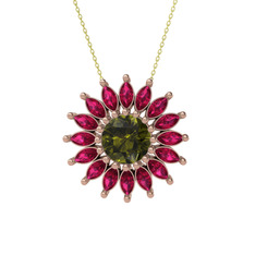 Taşlı Papatya Kolye - Peridot ve rodolit garnet 18 ayar rose altın kolye (40 cm gümüş rolo zincir) #kc59uh