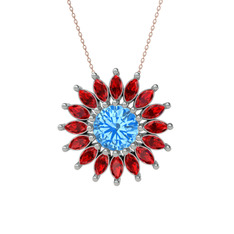 Akuamarin ve garnet 8 ayar beyaz altın kolye (40 cm rose altın rolo zincir)