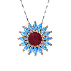 Kök yakut ve akuamarin 925 ayar rose altın kaplama gümüş kolye (40 cm gümüş rolo zincir)