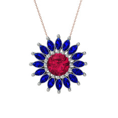 Rodolit garnet ve lab safir 14 ayar beyaz altın kolye (40 cm rose altın rolo zincir)