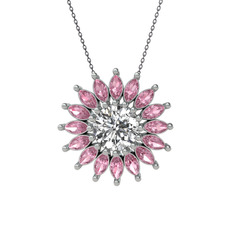Taşlı Papatya Kolye - Swarovski ve pembe kuvars 18 ayar beyaz altın kolye (40 cm gümüş rolo zincir) #kk2ss1