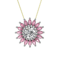 Taşlı Papatya Kolye - Swarovski ve pembe kuvars 8 ayar beyaz altın kolye (40 cm altın rolo zincir) #kul14t