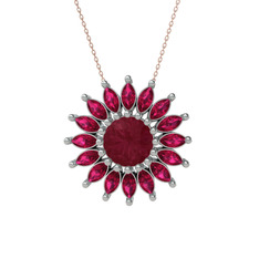 Taşlı Papatya Kolye - Kök yakut ve rodolit garnet 8 ayar beyaz altın kolye (40 cm rose altın rolo zincir) #llyy9n