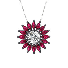 Taşlı Papatya Kolye - Swarovski ve rodolit garnet 925 ayar siyah rodyum kaplama gümüş kolye (40 cm gümüş rolo zincir) #lr8dha