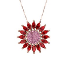 Taşlı Papatya Kolye - Pembe kuvars ve garnet 14 ayar rose altın kolye (40 cm rose altın rolo zincir) #ly1kw7