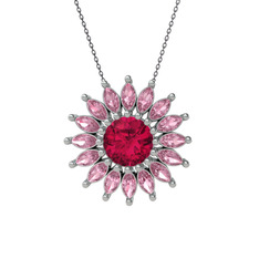 Rodolit garnet ve pembe kuvars 14 ayar beyaz altın kolye (40 cm gümüş rolo zincir)