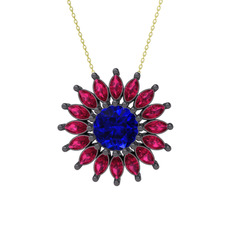 Taşlı Papatya Kolye - Lab safir ve rodolit garnet 925 ayar siyah rodyum kaplama gümüş kolye (40 cm altın rolo zincir) #m3opfe