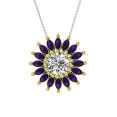 Taşlı Papatya Kolye - Swarovski ve ametist 18 ayar altın kolye (40 cm rose altın rolo zincir) #m7uxn9