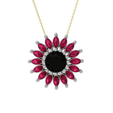 Taşlı Papatya Kolye - Siyah zirkon ve rodolit garnet 18 ayar beyaz altın kolye (40 cm altın rolo zincir) #m7v0do