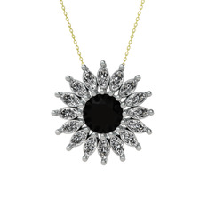 Taşlı Papatya Kolye - Siyah zirkon ve swarovski 14 ayar beyaz altın kolye (40 cm altın rolo zincir) #m91ynt