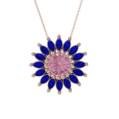 Pembe kuvars ve lab safir 925 ayar rose altın kaplama gümüş kolye (40 cm rose altın rolo zincir)