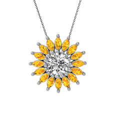 Taşlı Papatya Kolye - Beyaz zirkon ve sitrin 18 ayar beyaz altın kolye (40 cm gümüş rolo zincir) #mubrml