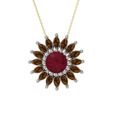 Taşlı Papatya Kolye - Kök yakut ve dumanlı kuvars 18 ayar beyaz altın kolye (40 cm altın rolo zincir) #mz9m52