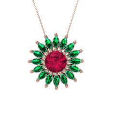 Taşlı Papatya Kolye - Rodolit garnet ve yeşil kuvars 18 ayar rose altın kolye (40 cm rose altın rolo zincir) #n58aqo