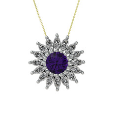 Taşlı Papatya Kolye - Ametist ve beyaz zirkon 14 ayar beyaz altın kolye (40 cm altın rolo zincir) #n5t70g