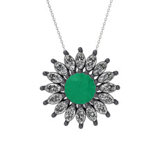 Taşlı Papatya Kolye - Kök zümrüt ve swarovski 925 ayar siyah rodyum kaplama gümüş kolye (40 cm beyaz altın rolo zincir) #n7ck31