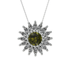 Taşlı Papatya Kolye - Peridot ve swarovski 14 ayar beyaz altın kolye (40 cm gümüş rolo zincir) #n8lh2p