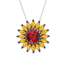 Taşlı Papatya Kolye - Garnet ve sitrin 925 ayar siyah rodyum kaplama gümüş kolye (40 cm gümüş rolo zincir) #ncnm93