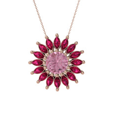 Pembe kuvars ve rodolit garnet 925 ayar rose altın kaplama gümüş kolye (40 cm rose altın rolo zincir)