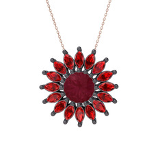 Taşlı Papatya Kolye - Kök yakut ve garnet 925 ayar siyah rodyum kaplama gümüş kolye (40 cm rose altın rolo zincir) #nzvkds
