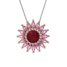Taşlı Papatya Kolye - Kök yakut ve pembe kuvars 8 ayar rose altın kolye (40 cm gümüş rolo zincir) #o3e9br