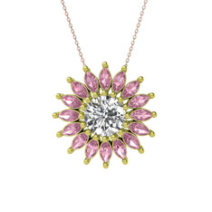 Taşlı Papatya Kolye - Beyaz zirkon ve pembe kuvars 18 ayar altın kolye (40 cm rose altın rolo zincir) #o5h7sm