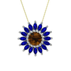 Taşlı Papatya Kolye - Dumanlı kuvars ve lab safir 18 ayar beyaz altın kolye (40 cm gümüş rolo zincir) #o7kbo5