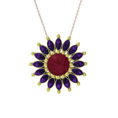 Taşlı Papatya Kolye - Kök yakut ve ametist 14 ayar altın kolye (40 cm rose altın rolo zincir) #ojk5mr