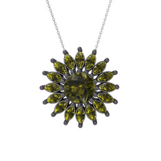 Taşlı Papatya Kolye - Peridot 925 ayar siyah rodyum kaplama gümüş kolye (40 cm beyaz altın rolo zincir) #ojq7eg