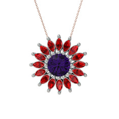 Taşlı Papatya Kolye - Ametist ve garnet 8 ayar beyaz altın kolye (40 cm rose altın rolo zincir) #oxw86q
