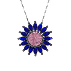 Pembe kuvars ve lab safir 925 ayar siyah rodyum kaplama gümüş kolye (40 cm gümüş rolo zincir)