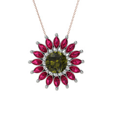 Taşlı Papatya Kolye - Peridot ve rodolit garnet 8 ayar beyaz altın kolye (40 cm rose altın rolo zincir) #p3xgmi