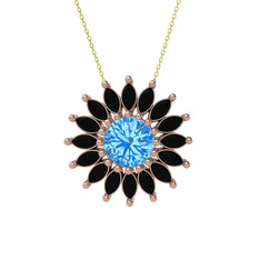 Taşlı Papatya Kolye - Akuamarin ve siyah zirkon 925 ayar rose altın kaplama gümüş kolye (40 cm altın rolo zincir) #p5cx5c