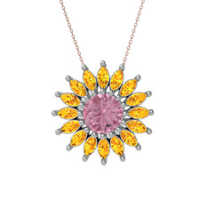 Taşlı Papatya Kolye - Pembe kuvars ve sitrin 18 ayar beyaz altın kolye (40 cm rose altın rolo zincir) #pd8pv2