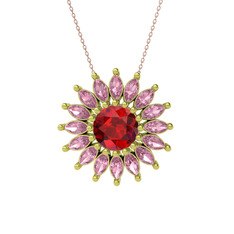 Garnet ve pembe kuvars 8 ayar altın kolye (40 cm rose altın rolo zincir)