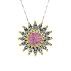 Taşlı Papatya Kolye - Pembe kuvars ve beyaz zirkon 18 ayar altın kolye (40 cm beyaz altın rolo zincir) #pon0cv