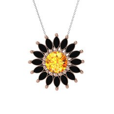 Taşlı Papatya Kolye - Sitrin ve siyah zirkon 8 ayar rose altın kolye (40 cm gümüş rolo zincir) #pqxzyx