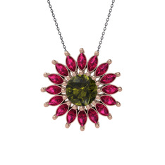 Peridot ve rodolit garnet 14 ayar rose altın kolye (40 cm gümüş rolo zincir)