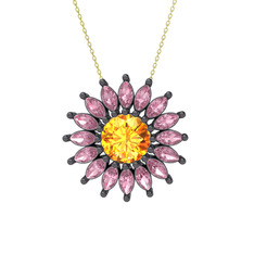 Taşlı Papatya Kolye - Sitrin ve pembe kuvars 925 ayar siyah rodyum kaplama gümüş kolye (40 cm altın rolo zincir) #q7oqz1