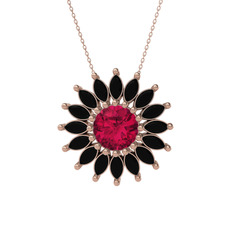 Rodolit garnet ve siyah zirkon 14 ayar rose altın kolye (40 cm gümüş rolo zincir)