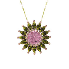 Taşlı Papatya Kolye - Pembe kuvars ve peridot 14 ayar rose altın kolye (40 cm altın rolo zincir) #qb2ni6