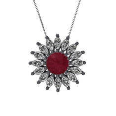 Taşlı Papatya Kolye - Kök yakut ve swarovski 925 ayar siyah rodyum kaplama gümüş kolye (40 cm gümüş rolo zincir) #qhrt39